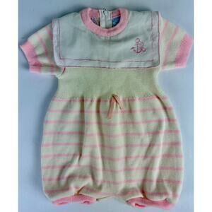 Vtg 90s Mine Alone Baby Girl Sailor Romper 6-9 Months Pink Cream Nautical Ruffle